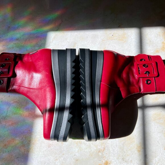 Red Leather Platform Moto Bootie Buckle Marco Moreo Milano Italy Sz US 6.5 IT 37 - Picture 7 of 13